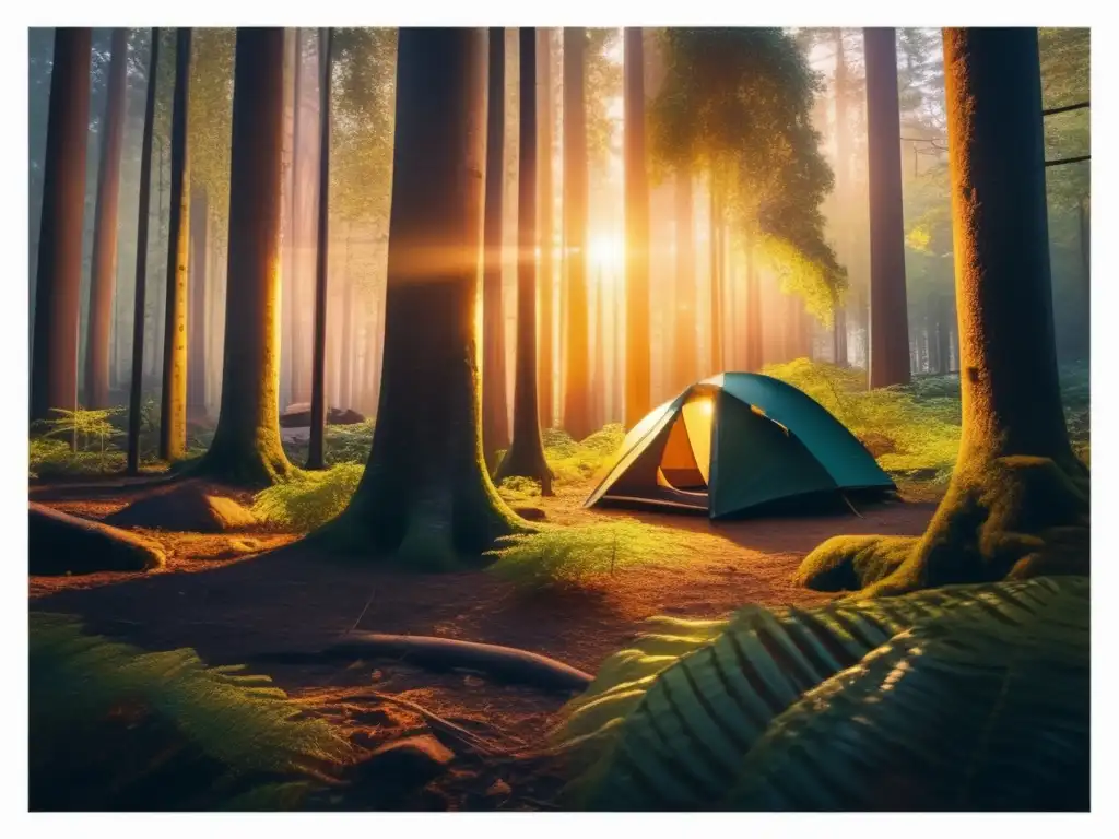 Senderismo y acampada: Bosque místico al atardecer, campamento sereno con fogata y equipo de camping