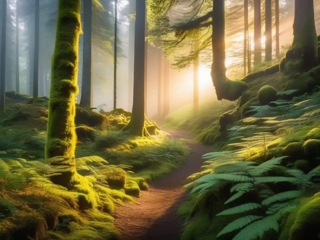 Bosque denso al anochecer, con árboles majestuosos, sendero misterioso, luz dorada, cascada