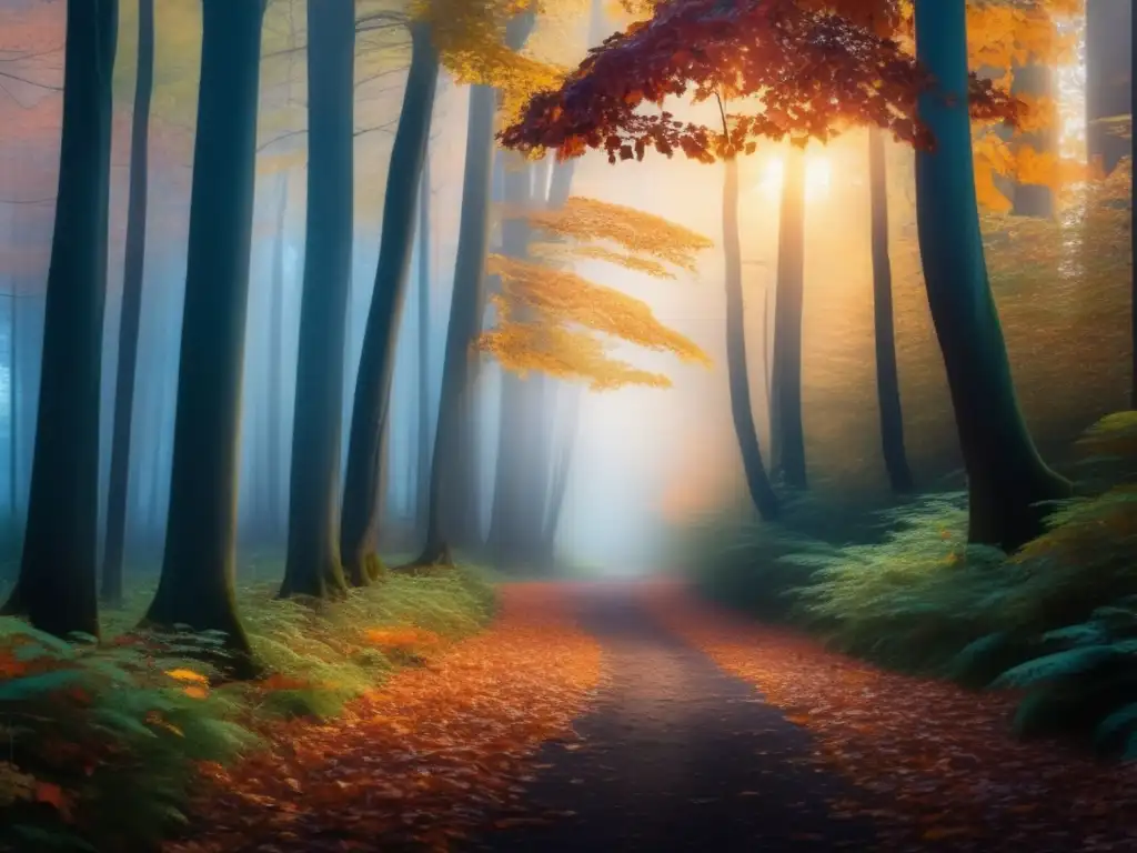 Un bosque encantador al atardecer, con árboles otoñales y un sendero dorado