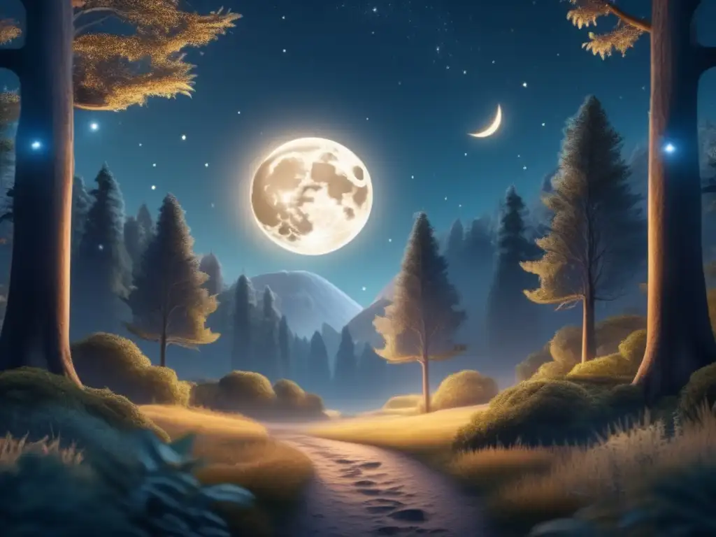 Senderismo místico bajo la luna: paisaje nocturno de bosque encantado, árboles altos, animales silueteados y reflejo lunar en un estanque