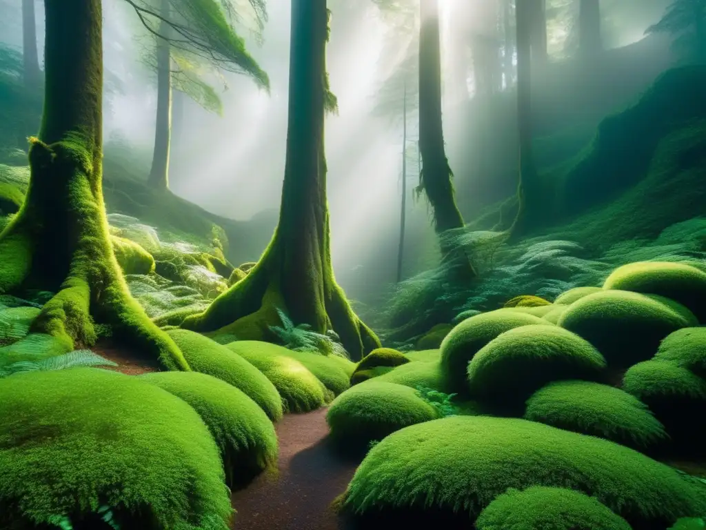 Impresionante vista de un bosque místico con árboles majestuosos, musgo verde vibrante y una cascada oculta