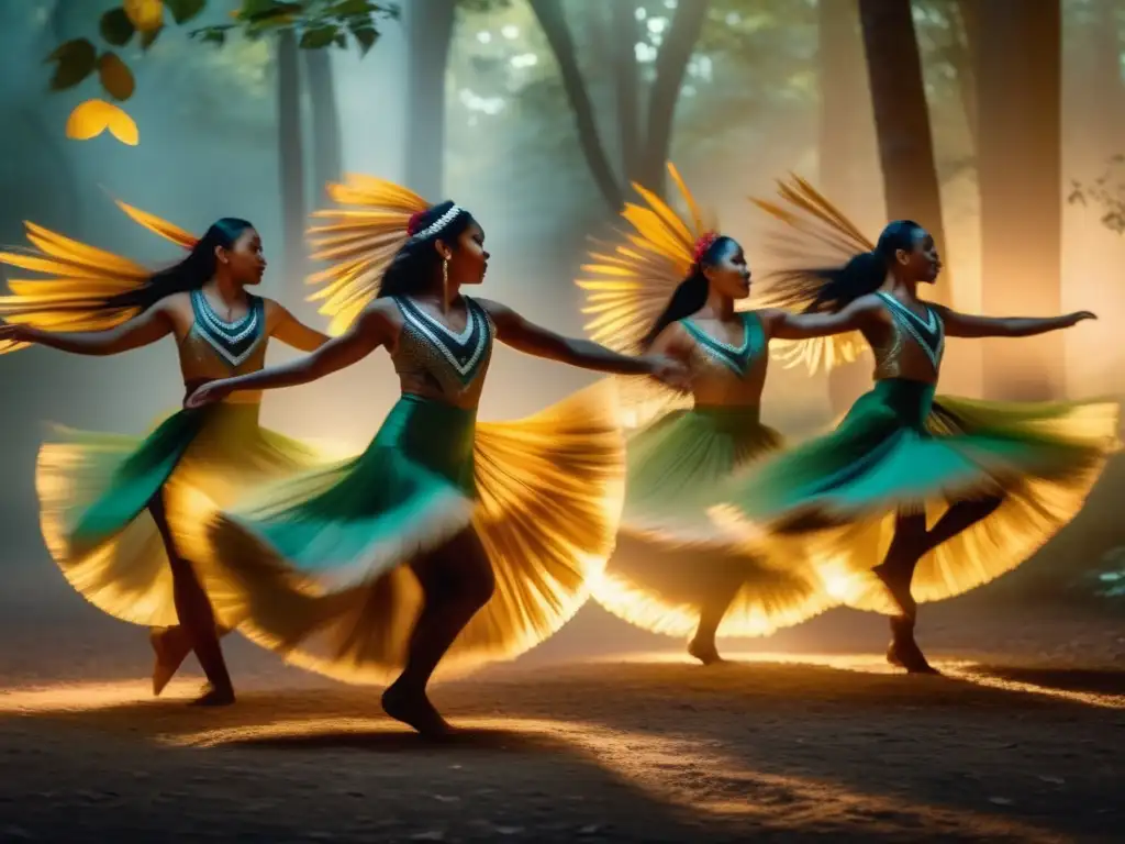 Simbolismo y danza de hojas en un bosque místico iluminado por una suave luz - Significado: simbolismo hojas danza viento