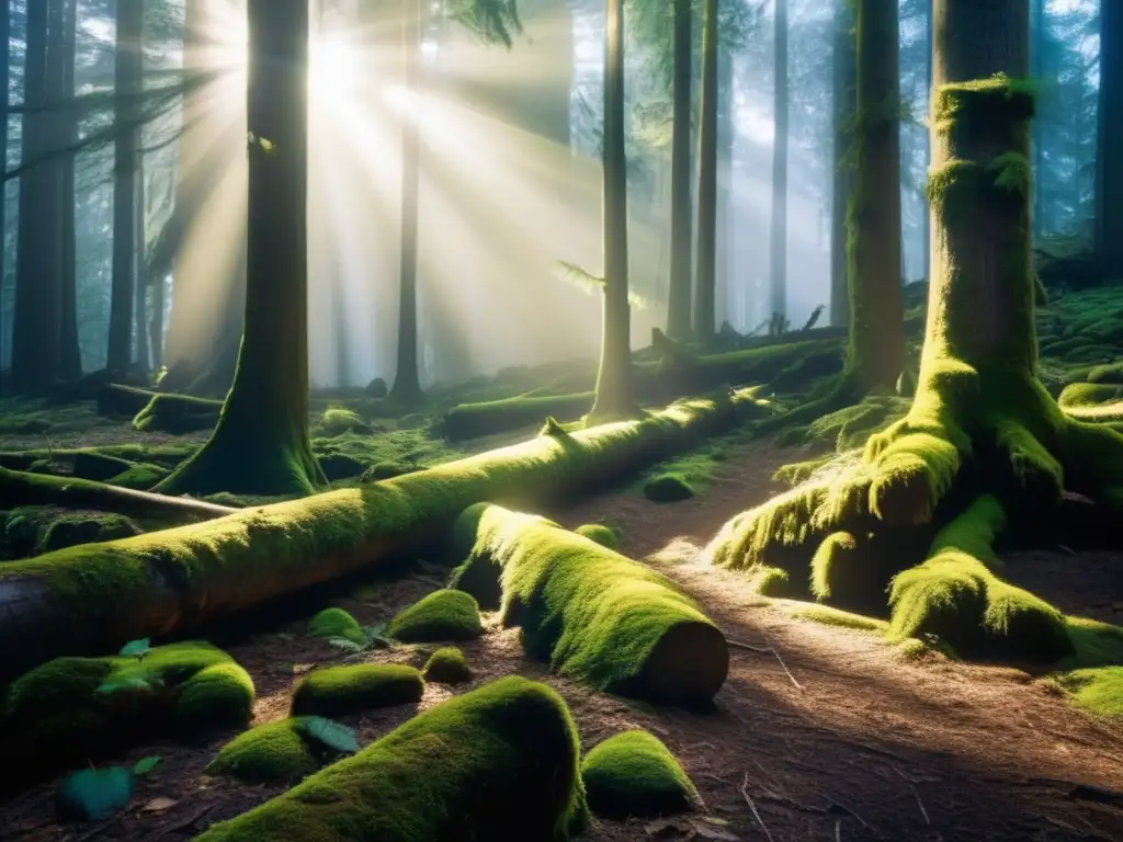 Imagen: Bosque místico con árboles altos, luz filtrándose entre ramas, aire de misterio y tranquilidad