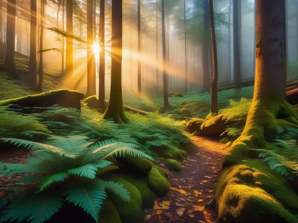 Impacto del camping en áreas protegidas: Bosque encantado al atardecer, con árboles altos y colores vibrantes, invitando a explorar sus secretos