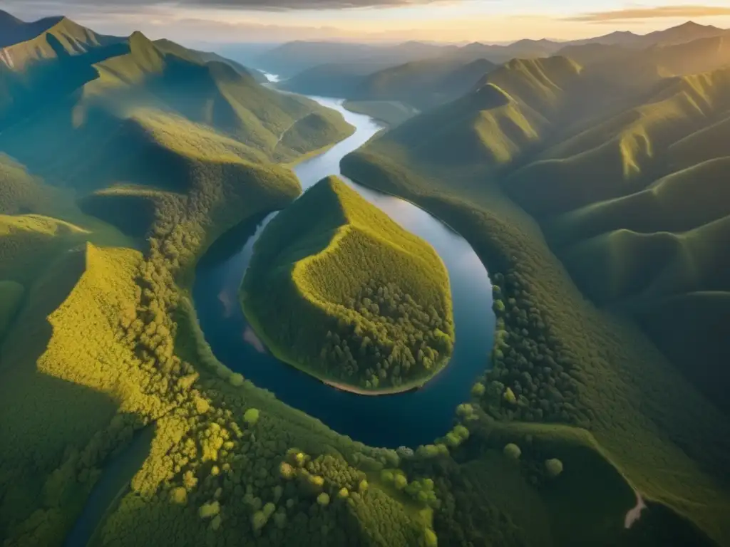 Vista impresionante de bosque denso y montañas majestuosas bañadas por la cálida luz del atardecer