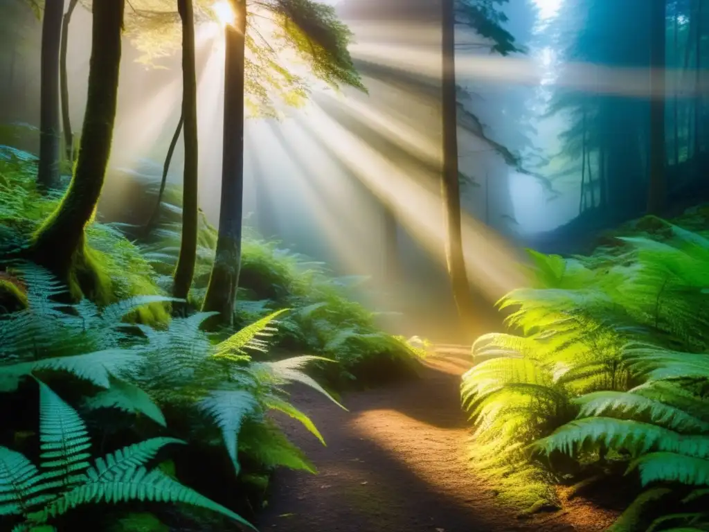 Caminata matutina en la naturaleza: bosque neblinoso, rayos dorados, sendero misterioso