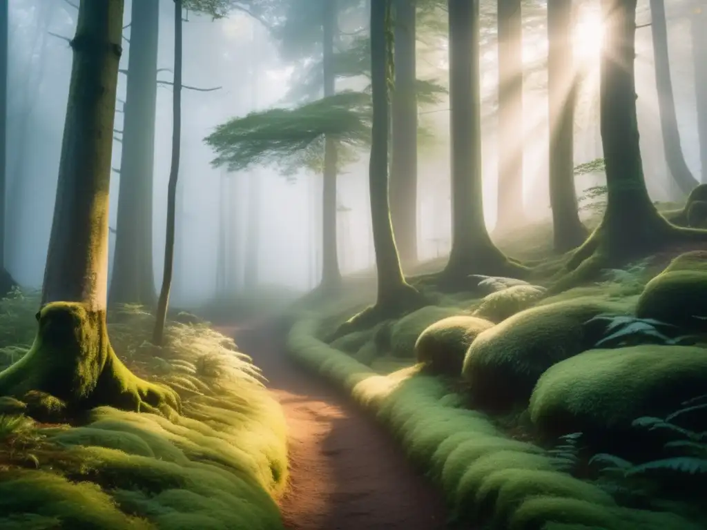 Fotografía de niebla en senderismo en un bosque místico, con árboles majestuosos cubiertos de musgo y rayos de luz dorada