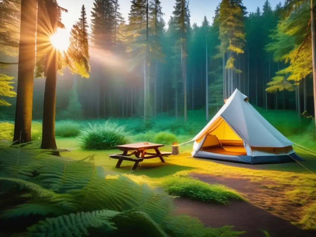 Impacto del camping en la fauna: bosque sereno al atardecer, campamento misterioso con tienda y fogata, naturaleza y presencia humana en equilibrio