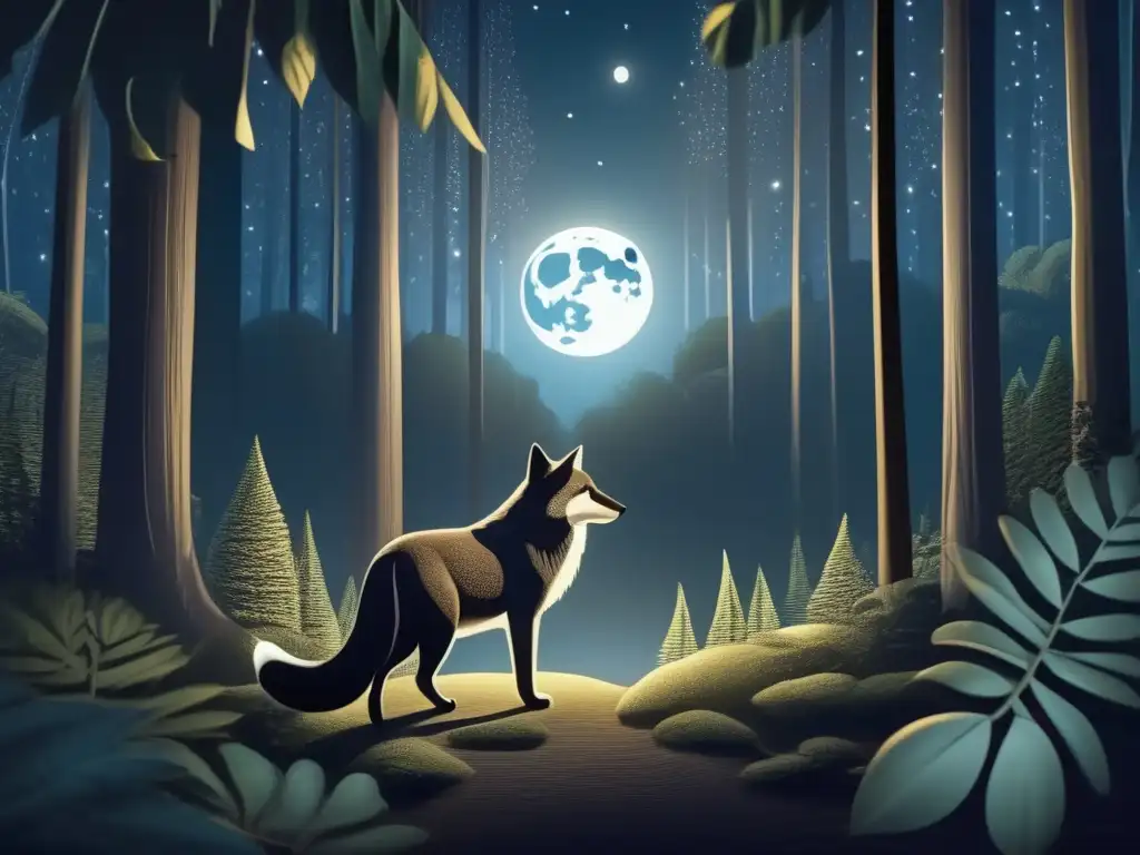 Fotografía nocturna de animales en la naturaleza: Escena fascinante de bosque denso con luna iluminando árboles y ojos brillantes en la oscuridad