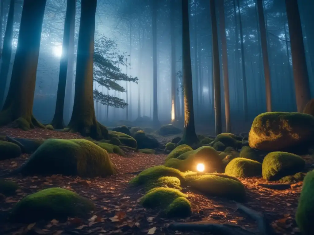 Fotografía nocturna blanco y negro de un bosque misterioso y tranquilo iluminado por la luna