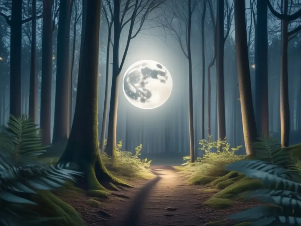 Orientación nocturna en el bosque: imagen impresionante de 8k muestra escena de bosque iluminado por la luna, con árboles altos y sombras largas