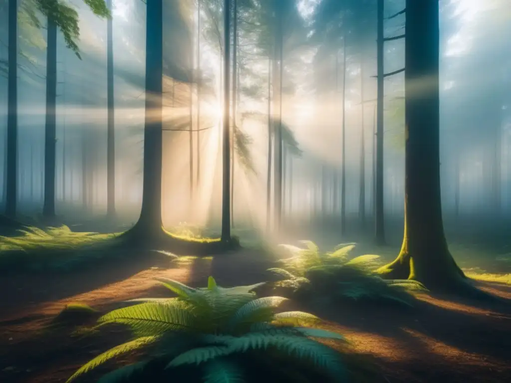 Paisaje de bosque sereno al amanecer con árboles altos, luz dorada filtrándose entre las hojas y sendero invitador