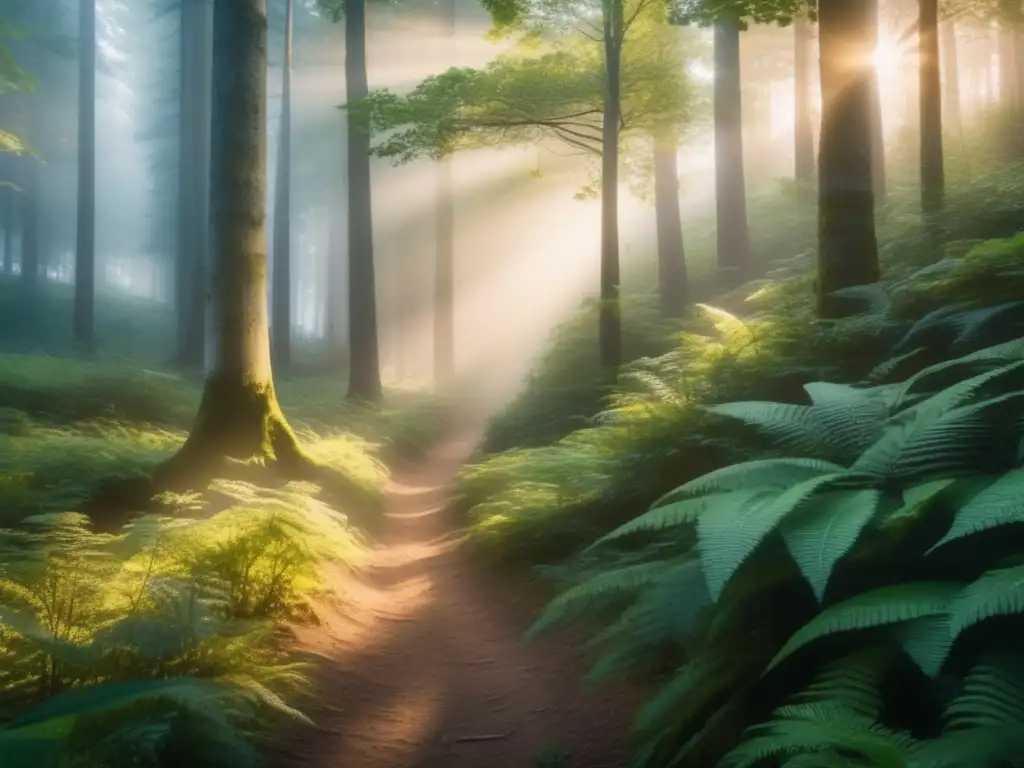 Consejos senderismo responsable: Bosque sereno al amanecer, sendero definido, flora vibrante, fauna armoniosa