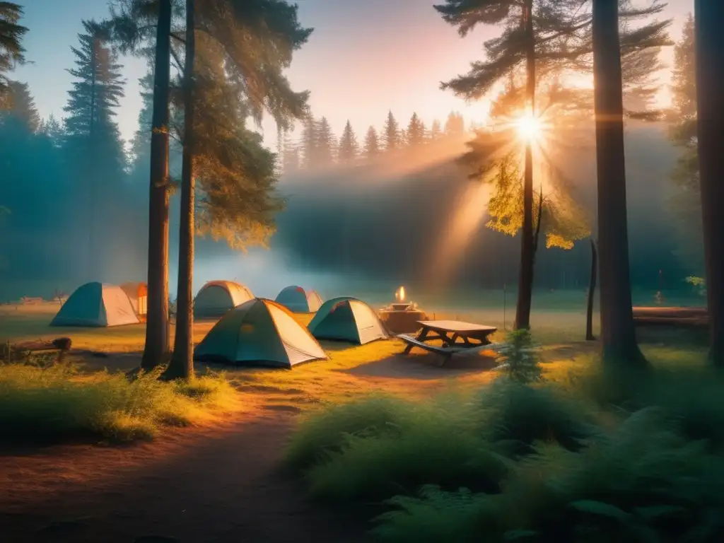 Campismo espiritual en la naturaleza - Bosque sereno al atardecer con árboles imponentes, luz filtrada y campamento místico