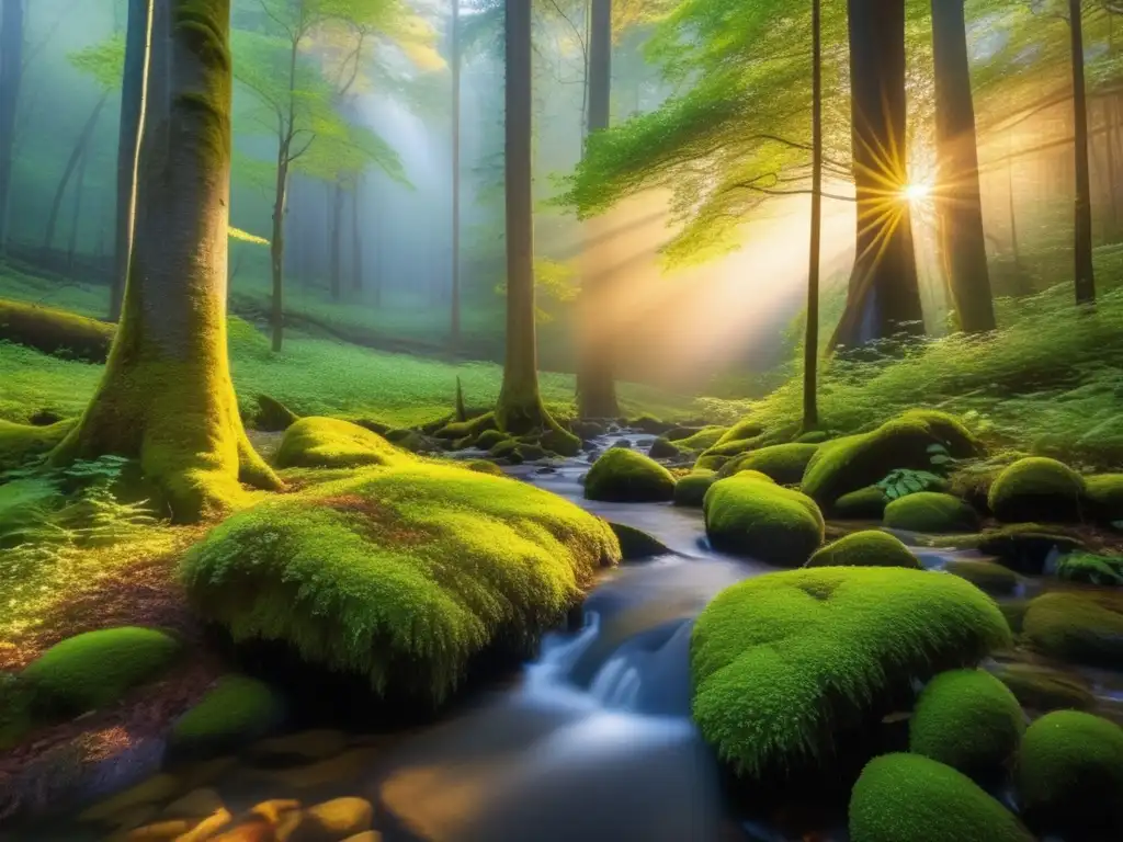 Bosque sereno al atardecer con rayos dorados filtrándose a través del denso dosel