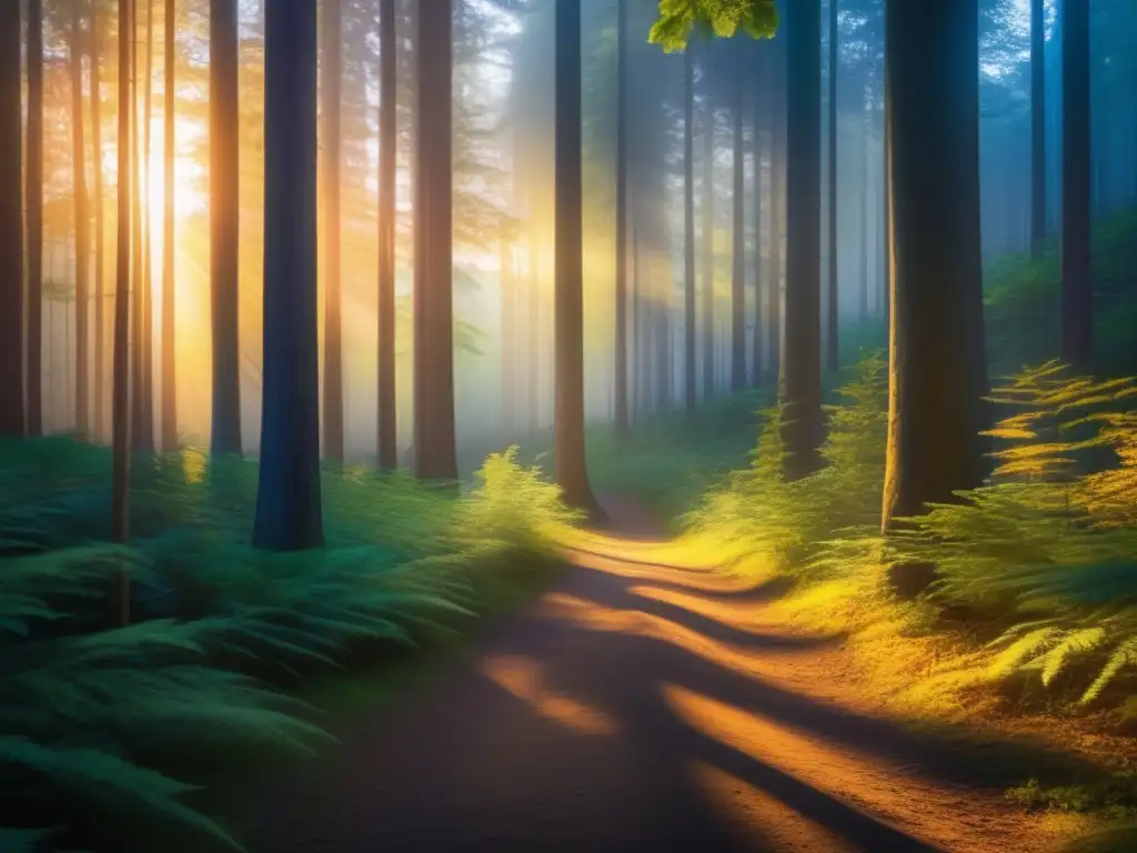 Campismo espiritual en la naturaleza; Bosque sereno al atardecer, árboles altos, colores vibrantes, sendero misterioso