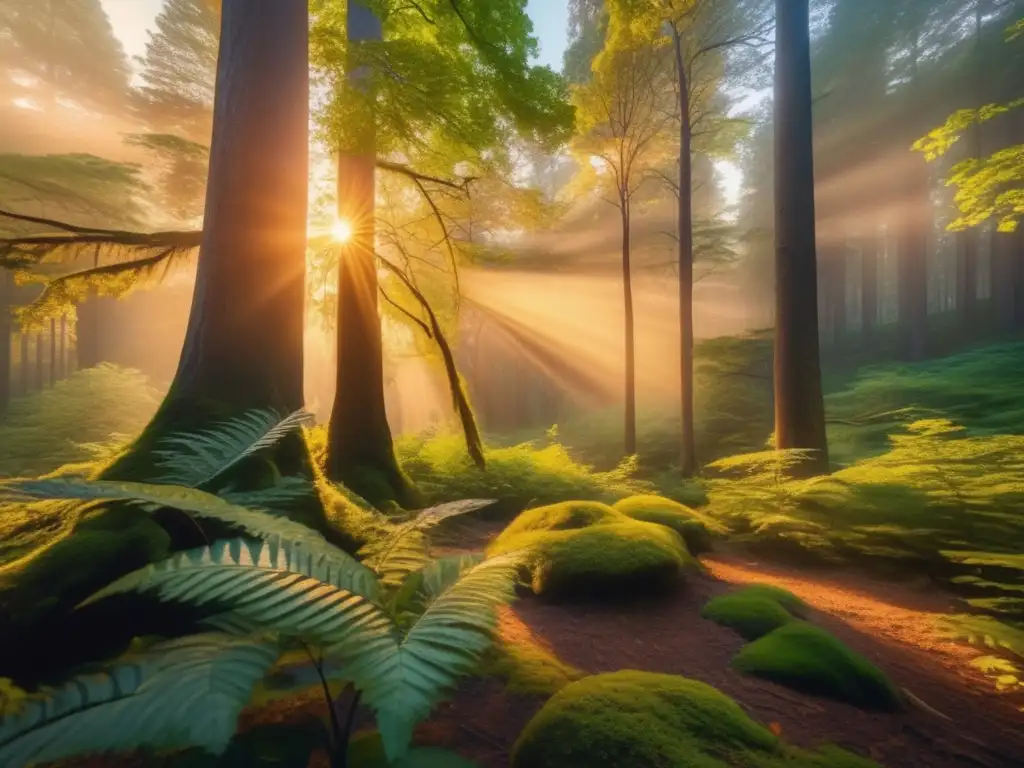 Impresionante imagen 8k de un bosque sereno al atardecer, con colores vibrantes, árboles majestuosos, rayos de sol y una tienda de campaña indígena