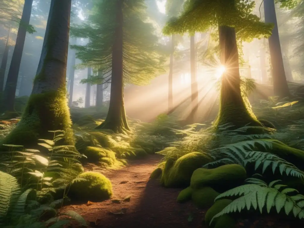 Bosque sereno con árboles majestuosos, luz dorada y conexión espiritual con la naturaleza