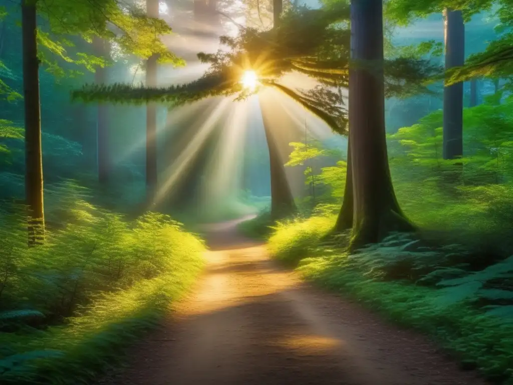 Prácticas ancestrales de acampada en un bosque sereno al atardecer, con rayos de luz dorada filtrándose entre los árboles