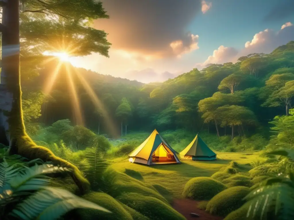 Conexión con la naturaleza: Campamento respetuoso y sabiduría ancestral en un bosque tranquilo al atardecer