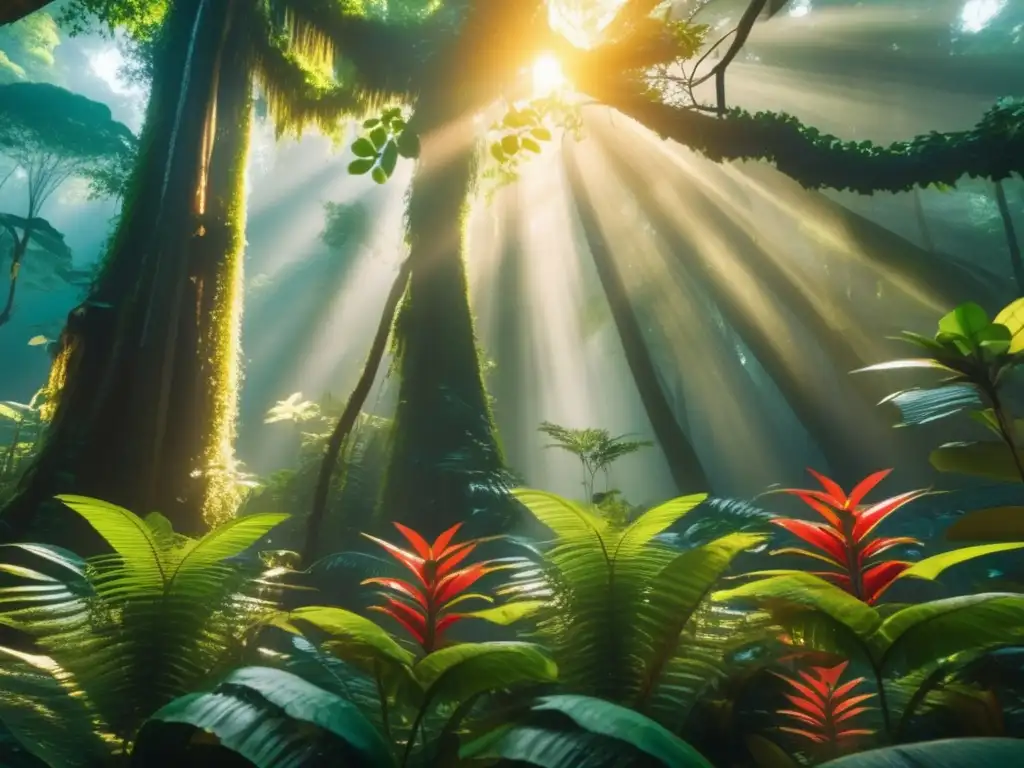 Impacto del turismo en ecosistemas: escena de selva tropical vibrante y detallada en 8k con rayos de sol, sombras y mariposas