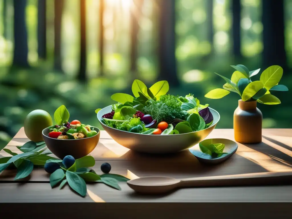 Recetas cocina salvaje con plantas comestibles: mesa rústica, ensalada vibrante, sopa de ortiga y risotto de diente de león