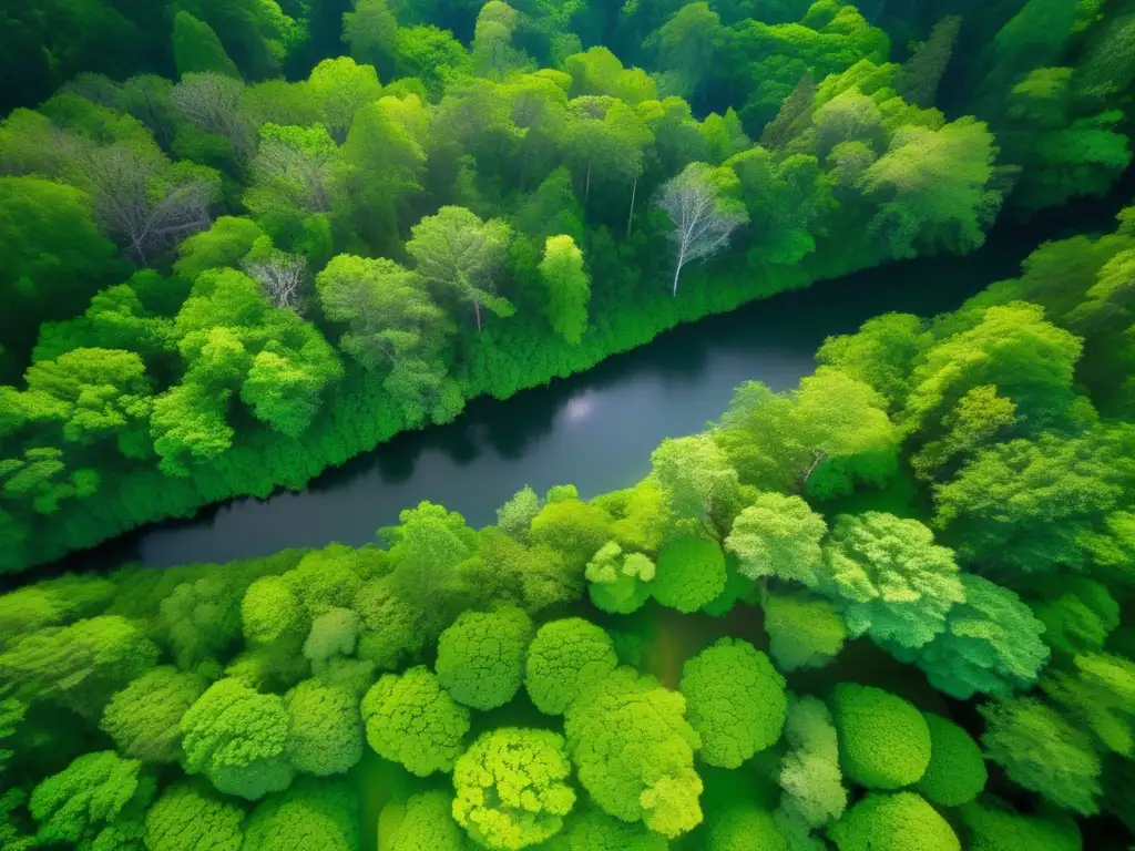 Impacto positivo del senderismo en la reforestación: Bosque exuberante y misterioso desde una perspectiva aérea