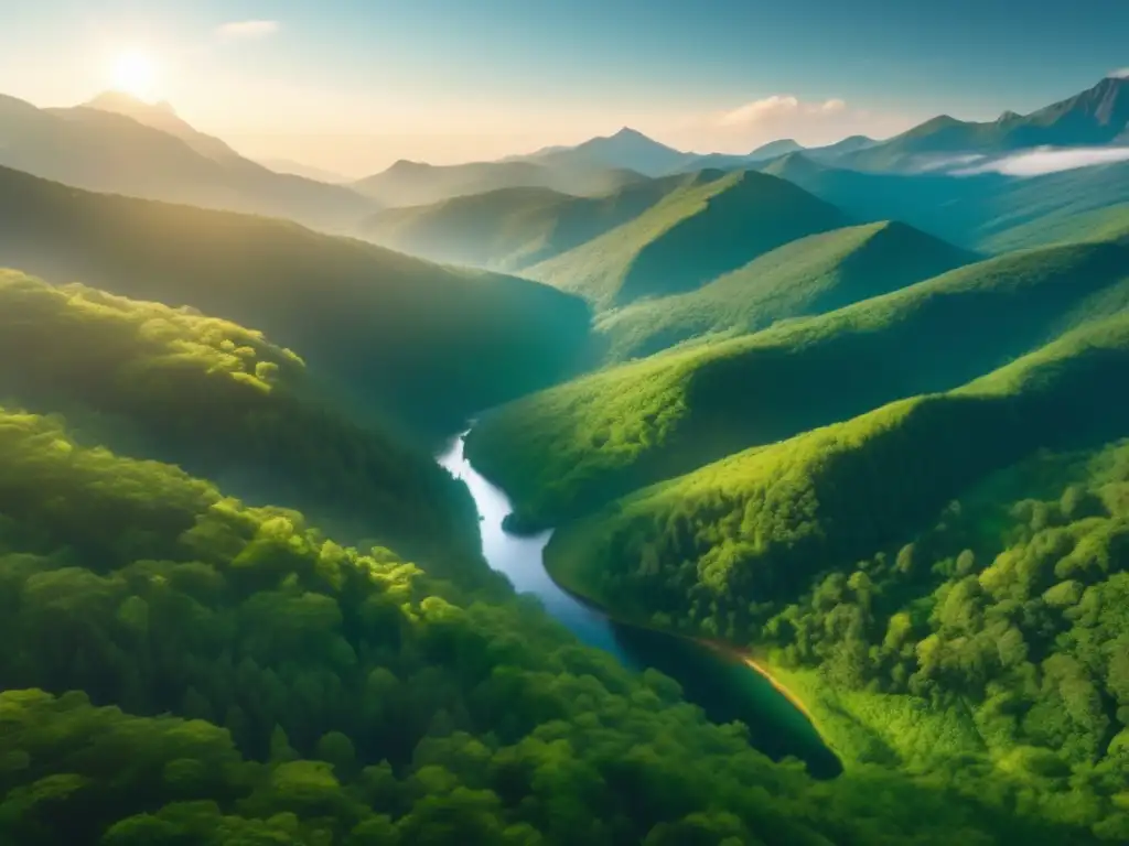 Campismo ecoamigable en senderismo y camping: Vista aérea impresionante de un bosque verde exuberante entre montañas imponentes