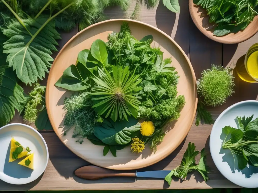 Utiliza plantas comestibles en camping - Imagen de un bosque verde exuberante iluminado por suave luz solar