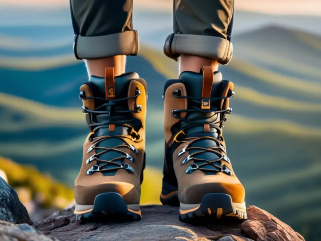 Hiker en pico montañoso, botas de senderismo modernas, tecnología avanzada, naturaleza vibrante