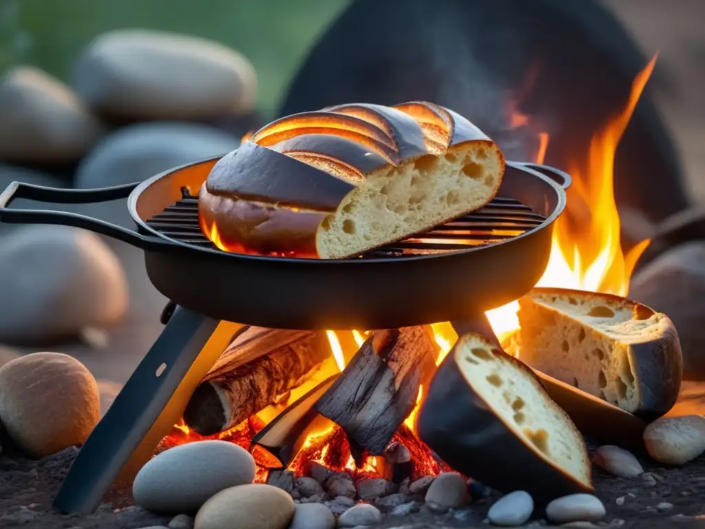 Pan casero en camping: fogata con panes crujientes y apetitosos