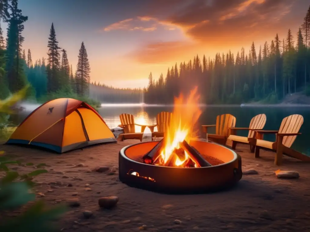 Preparación de café en camping: campamento tranquilo en un bosque exuberante, con fogata, campistas y café recién hecho