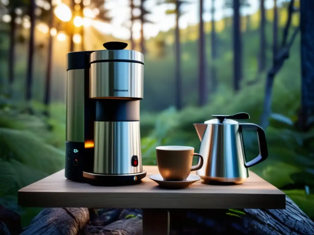 Preparación de café en camping en medio de la naturaleza