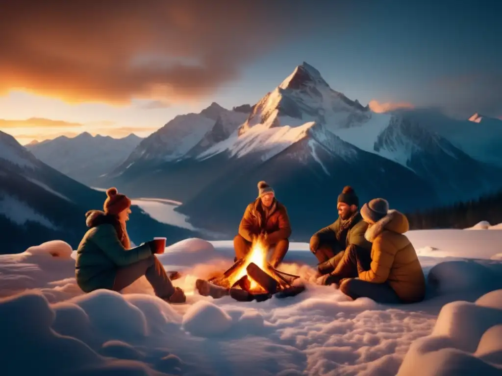 Mantenerse caliente en escapadas al aire libre con un grupo aventurero alrededor de una fogata en las montañas nevadas