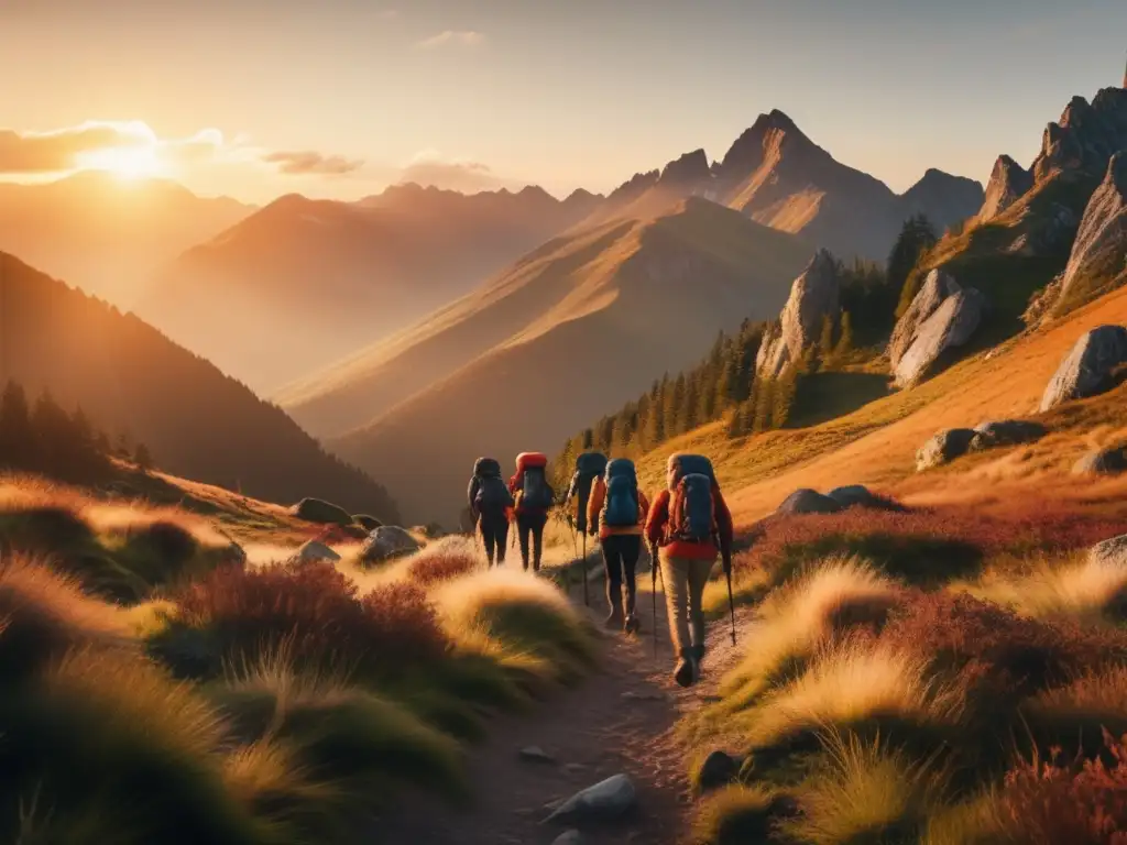 Hikers en sendero de montaña al amanecer, paisaje impresionante con picos cubiertos de niebla, bosques densos