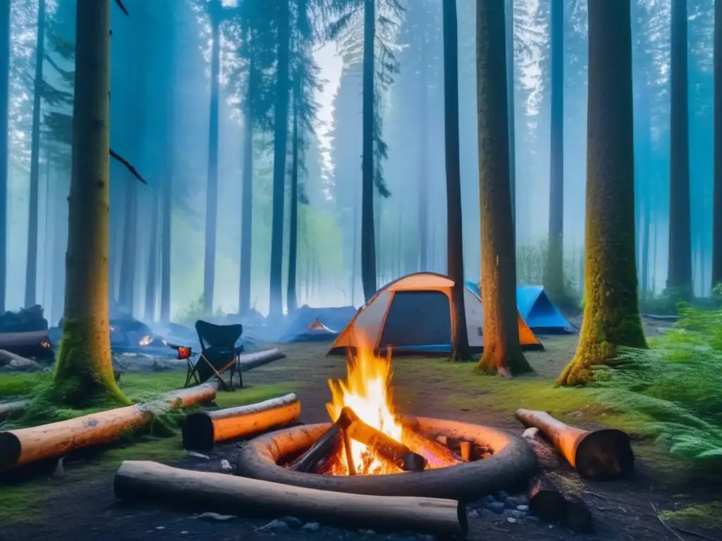 Impacto del camping en ecosistemas forestales: imagen de campamento en un denso bosque con restos de fogata, tienda colapsada y flora dañada