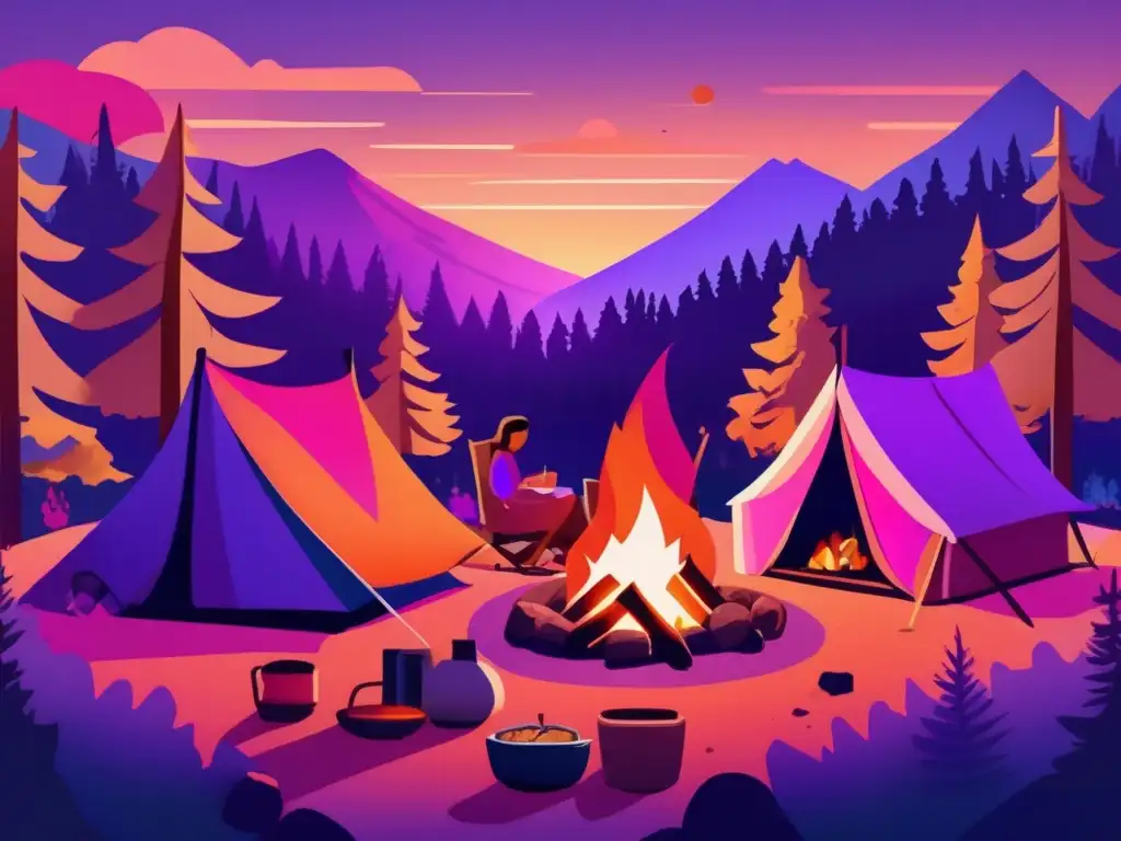 Campamento al atardecer con fogata y comida