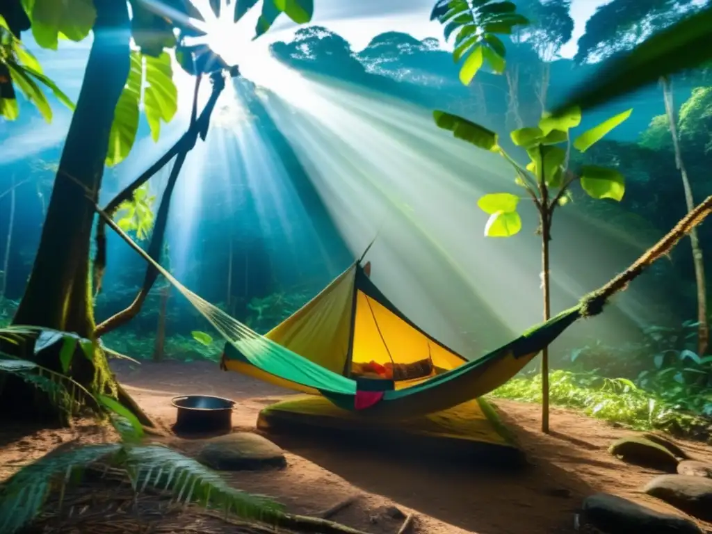 Prácticas ancestrales de acampada en la selva amazónica con misterio, luz y sombras entre árboles y río bajo la luna