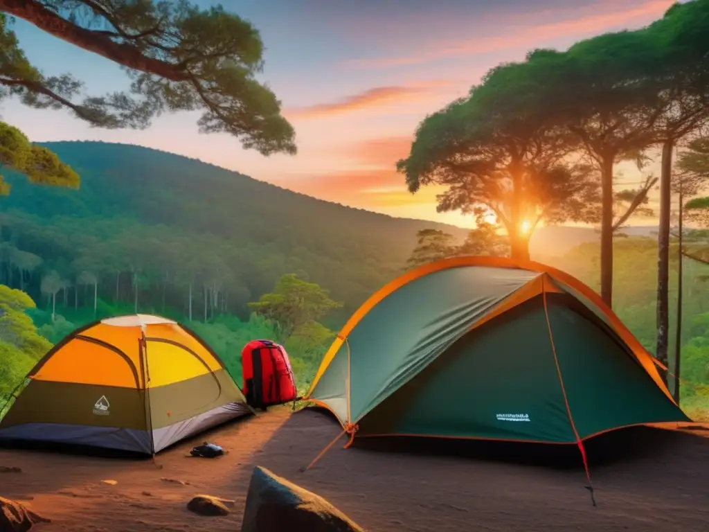 Equipamiento para acampar en áreas protegidas: Escena de atardecer en un bosque con tienda de campaña y suministros