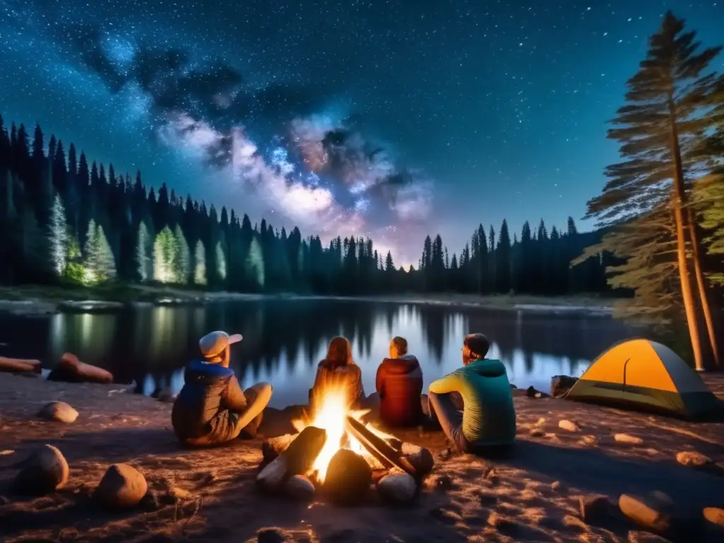 Acampada observadores cielo: campistas fascinados junto fogata en bosque oscuro, cielo estrellado, descubriendo universo