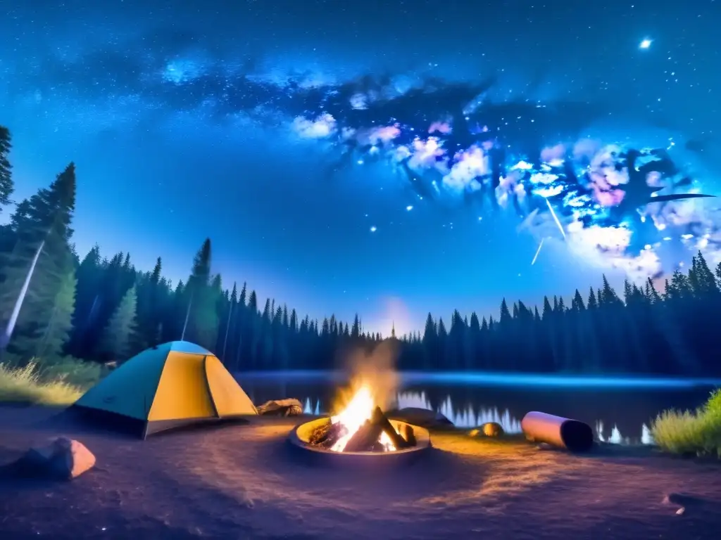 Acampada para observadores del cielo en una noche estrellada junto a un fogata rodeada de equipo de camping