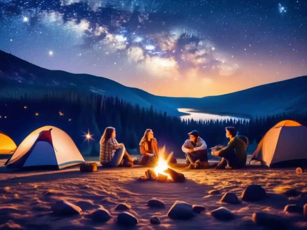 Guía orientación nocturna camping: Estrellada noche, fogata, campistas asombrados, brújula y linterna