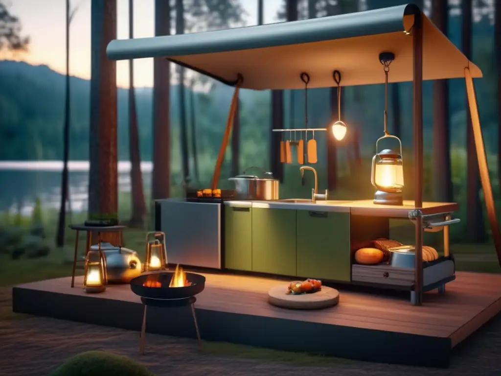 Cocina camping: guía completa, utensilios y ambiente acogedor en una imagen 8k detallada