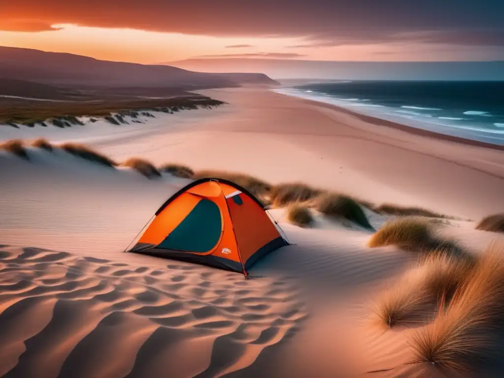 Impacto camping zonas costeras: impresionante imagen 8k detallada captura belleza costera al atardecer, con playa, tienda naranja y paisaje misterioso