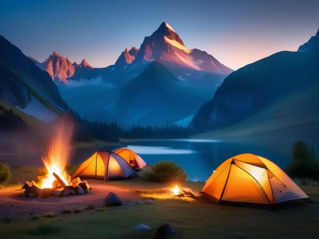 Paisaje montañoso al atardecer con amigos cocinando en la naturaleza