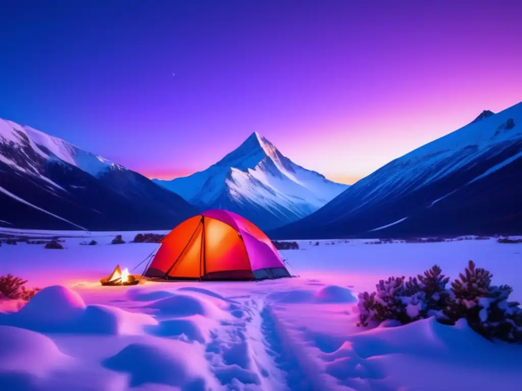 Paisaje montañoso nevado al atardecer con tienda de campaña roja resistente al clima: Protección equipo camping clima