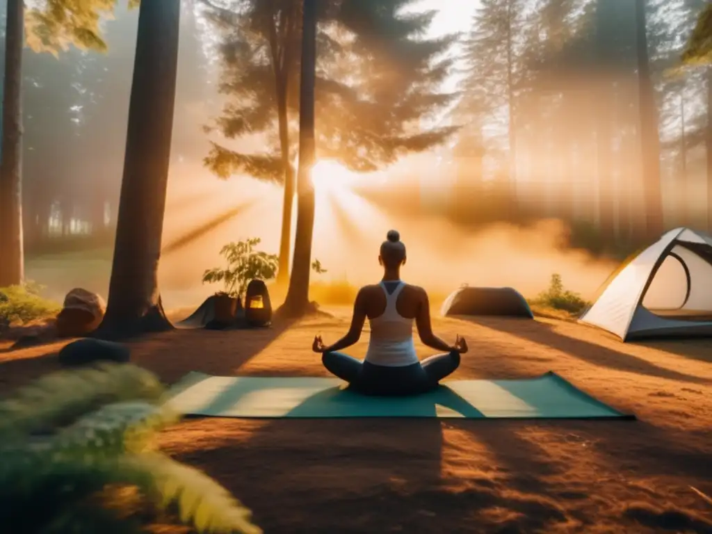 Beneficios del yoga en el camping: Campamento en el bosque al amanecer, donde se practica yoga rodeado de naturaleza