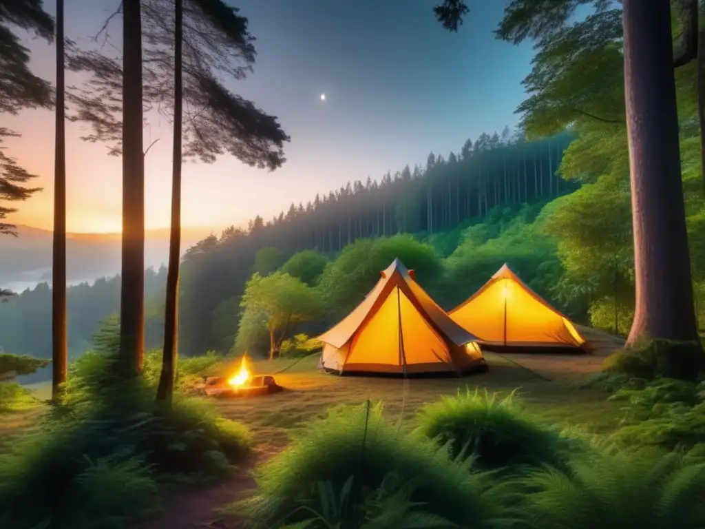 Iniciativas de conservación en camping: Bosque misterioso al atardecer, con árboles majestuosos y un campamento ecológico