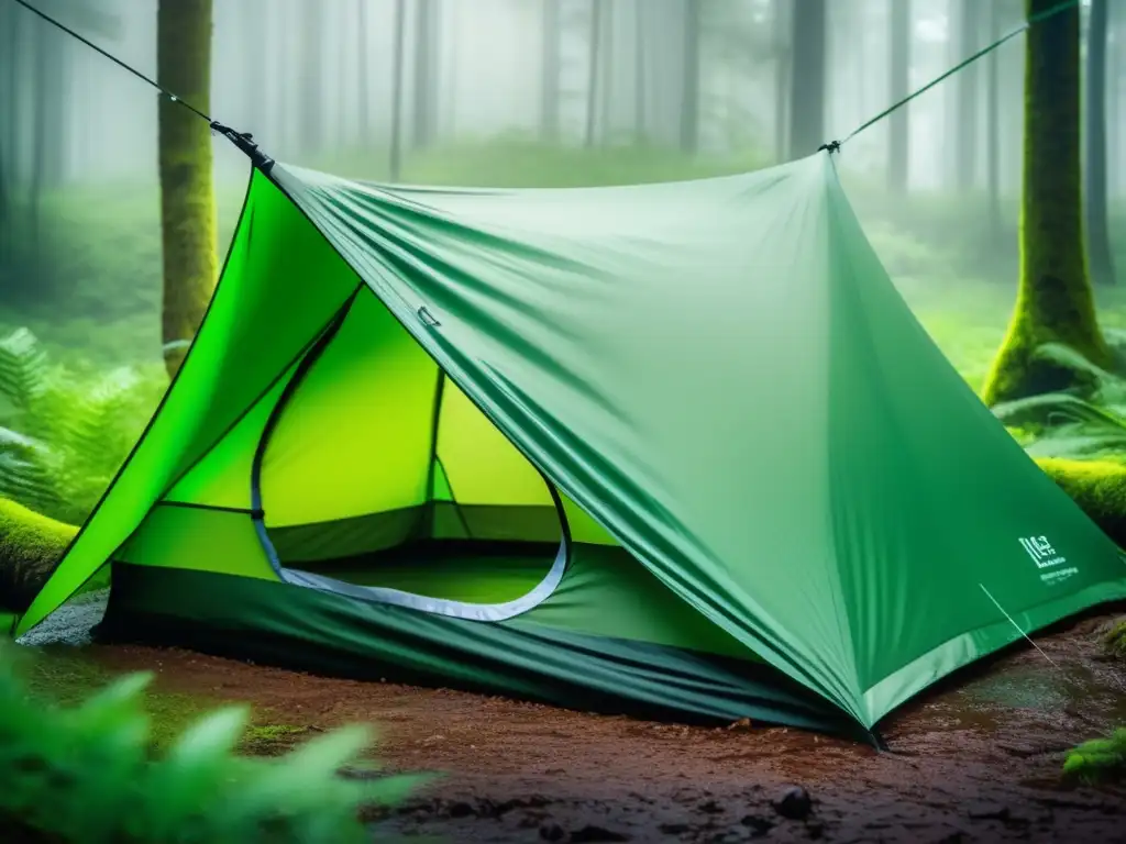 Equipamiento acampada en zonas húmedas: bosque misterioso con tienda resistente e impermeable, cubiertas y ambiente lluvioso