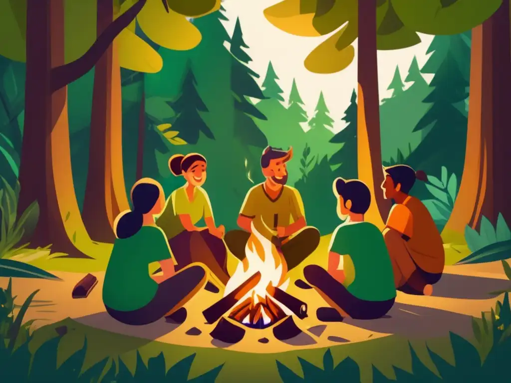 Campamento en el bosque: amigos disfrutando de una fogata, árboles verdes y beneficios del campismo en relaciones sociales